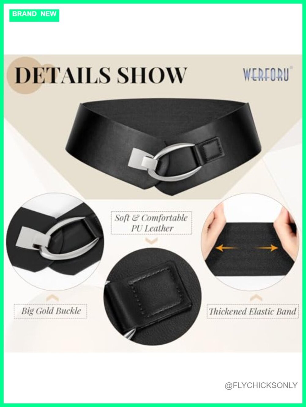 Women's Wide Elastic Belt with Gold Buckle Faux Leather Thick Waistbelt - Picture 4 of 5